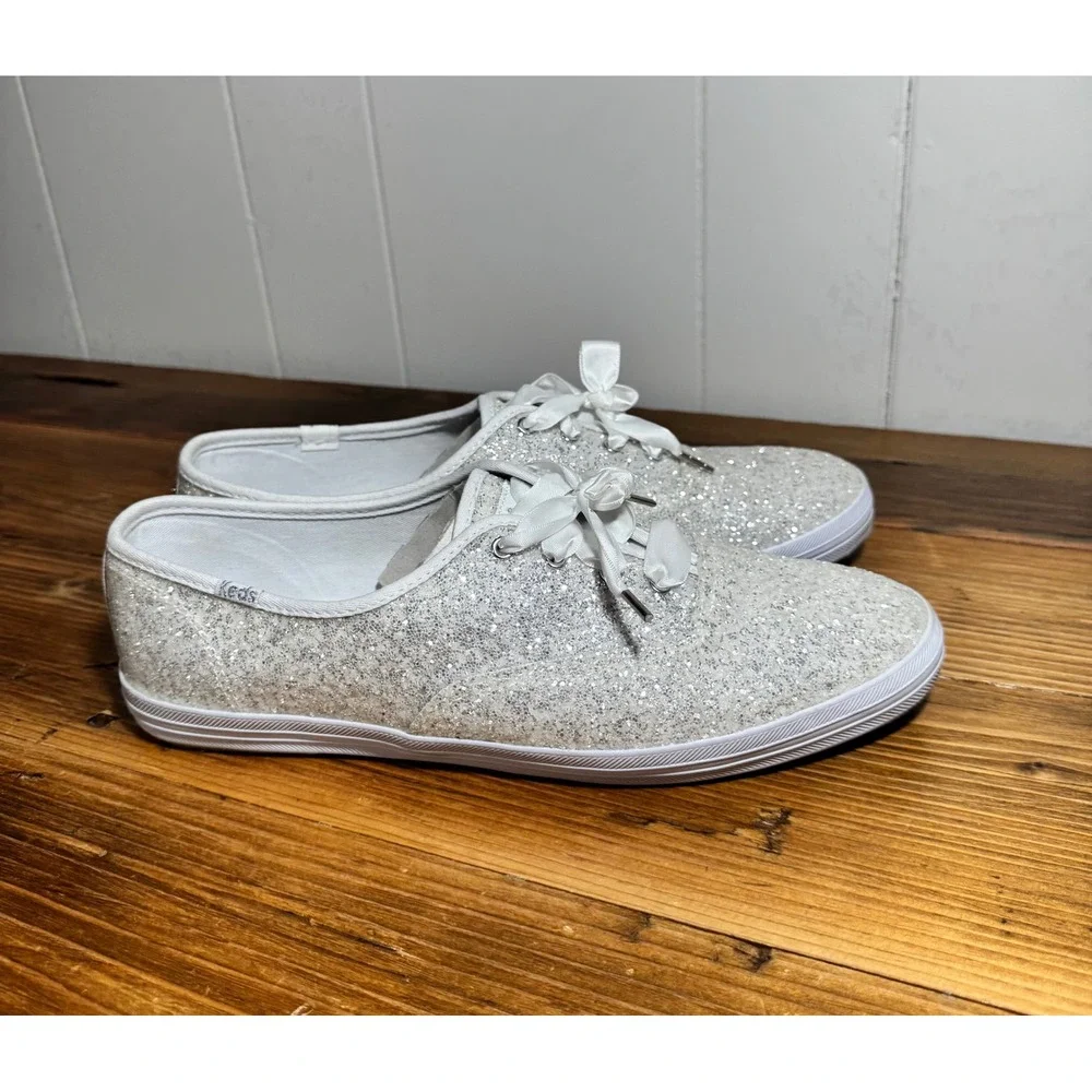 Keds x Kate Spade Sneakers Women 11 Silver Glitter Bridal Ribbon Laces WF57835
